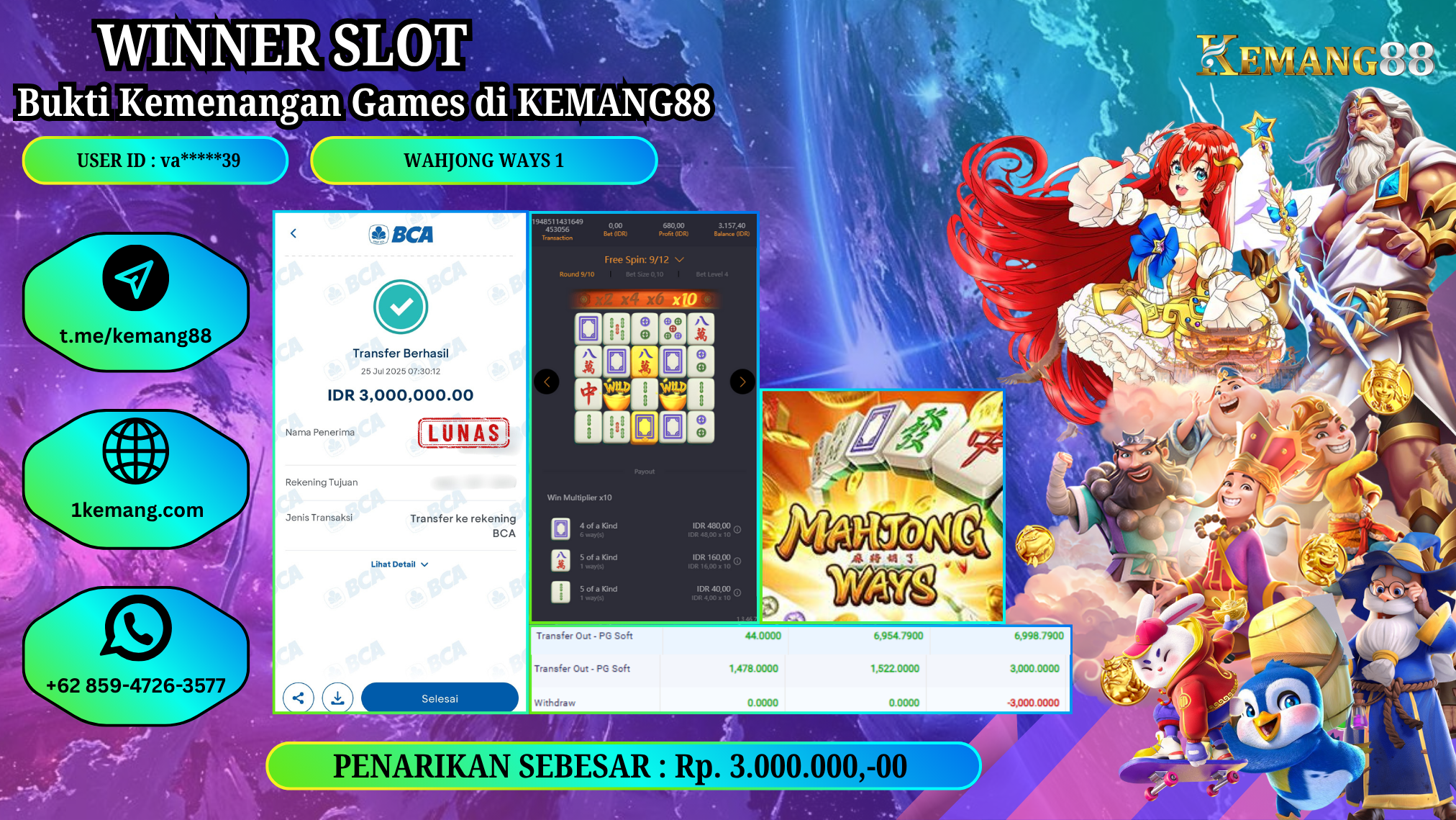 KEMANG88 [25 JULY 2025] : JACKPOT SLOT : MAHJONG WAYS 1 [PG] Rp.3.000.000.,- LUNAS